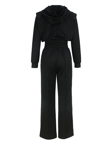 Women Clothing Elegant Right Angle Long Sleeve Hooded Short Top Straight Leg Trousers Women Two Piece Sets